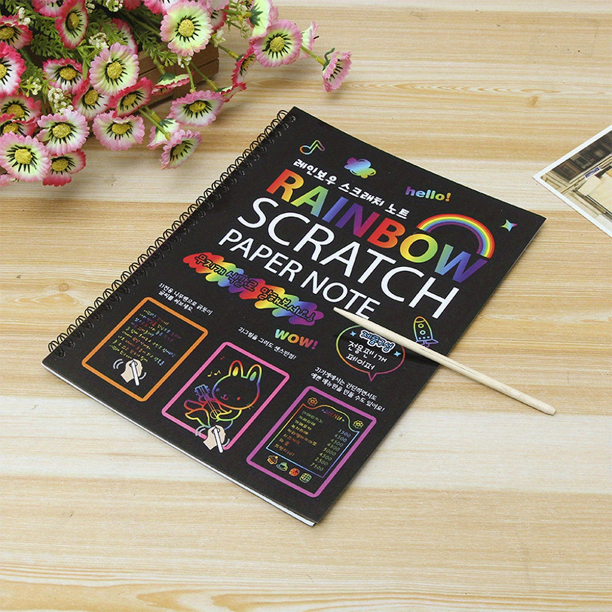 4pcs Scratch Art Paper Set, With 1pcs Wooden Pencil, Postcard
