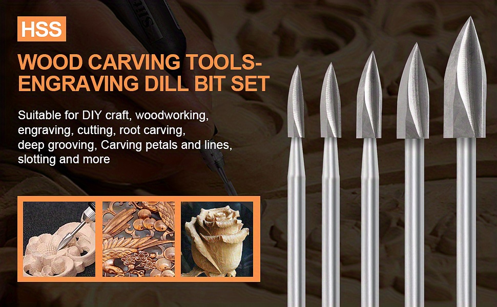 Carving Tools, 5 PCS HSS Engraving Drill Bit Set Wood Crafts Grinding  Woodworking Tool 1/8 Shank 
