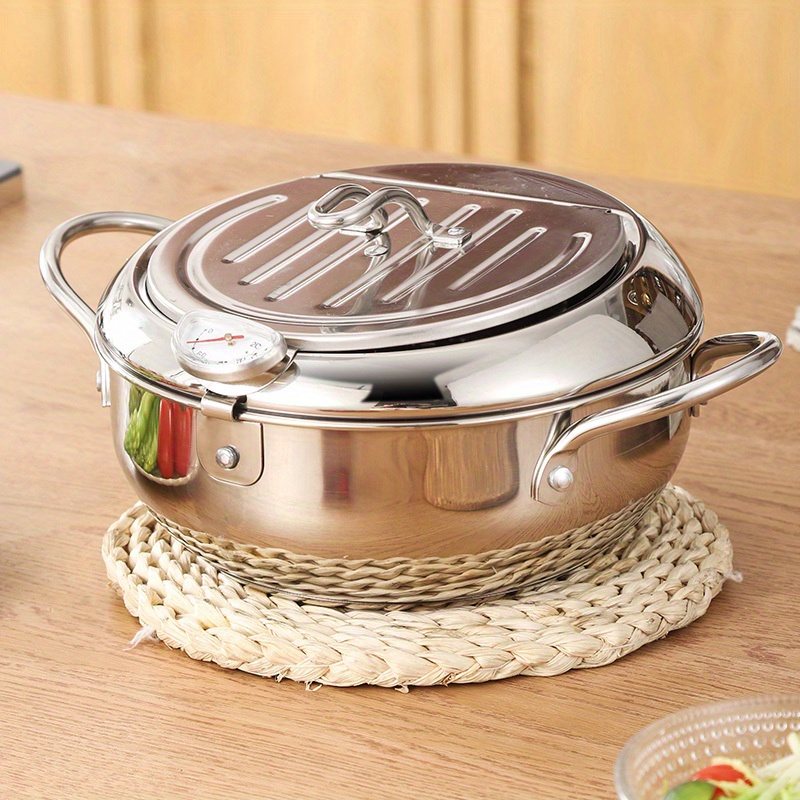 Deep Frying Pan with Lid Drainage Thermometer Stainless Steel