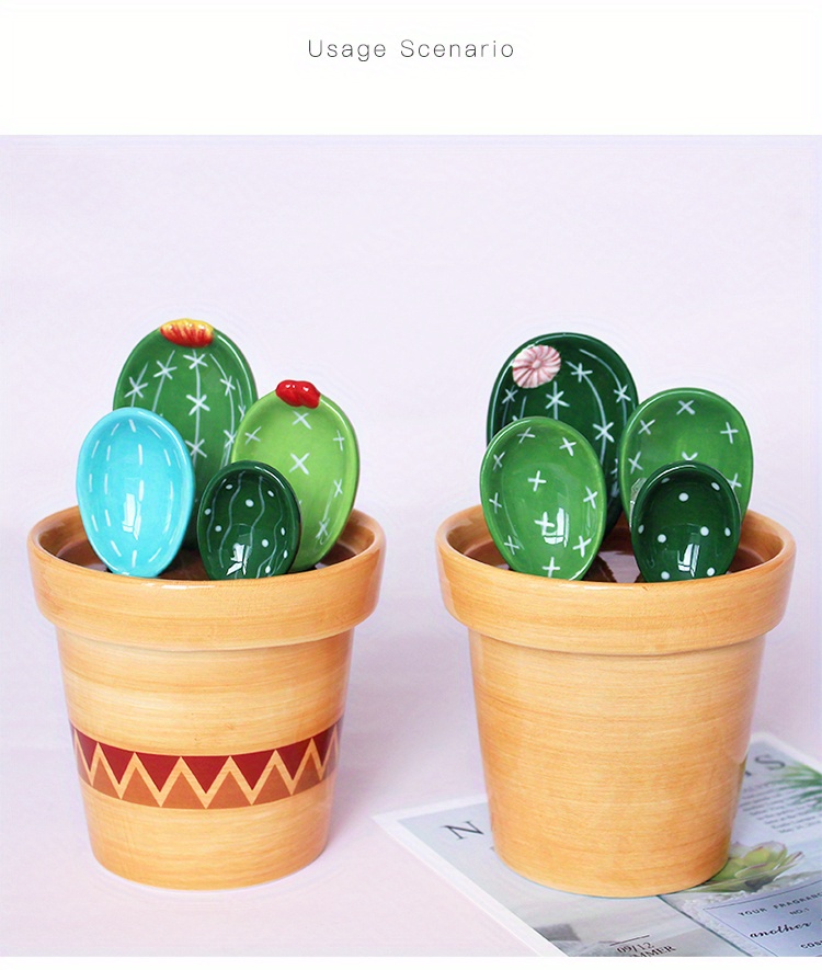 Ceramic Cactus Measuring Spoons and Cups, Cute Measuring Spoons Set in Pot