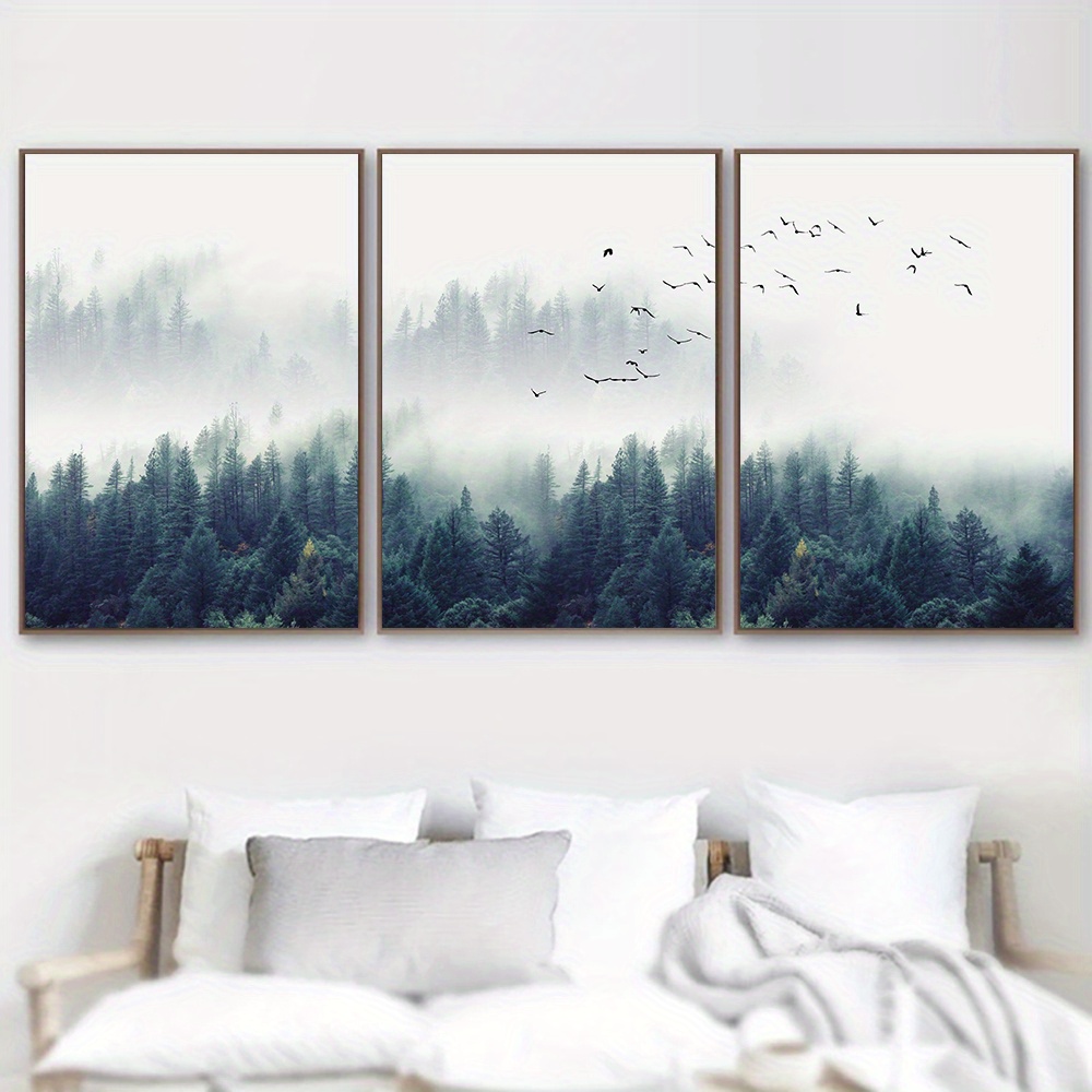 Art Canvas Print Posters, Modern Misty Forest Landscape Canvas Wall Art 