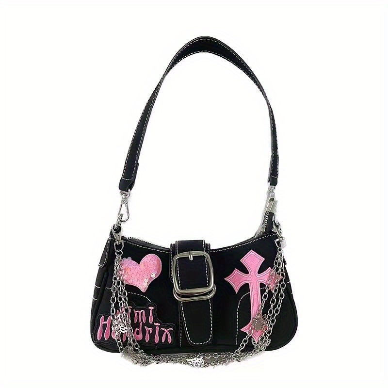 Y2K Women Girls Gothic Skulls Printing Leather Shoulder Bags Totes Female Punk Cross Chain Large