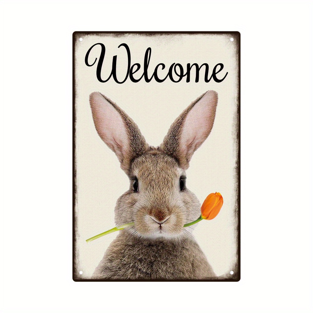 Image of 1pc, Welcome Metal Sign, Vintage Rabbit Tin Plaque Wall Art Decor For Home Garden Bedroom Office Farm, 7.8 X 11.8 Inches