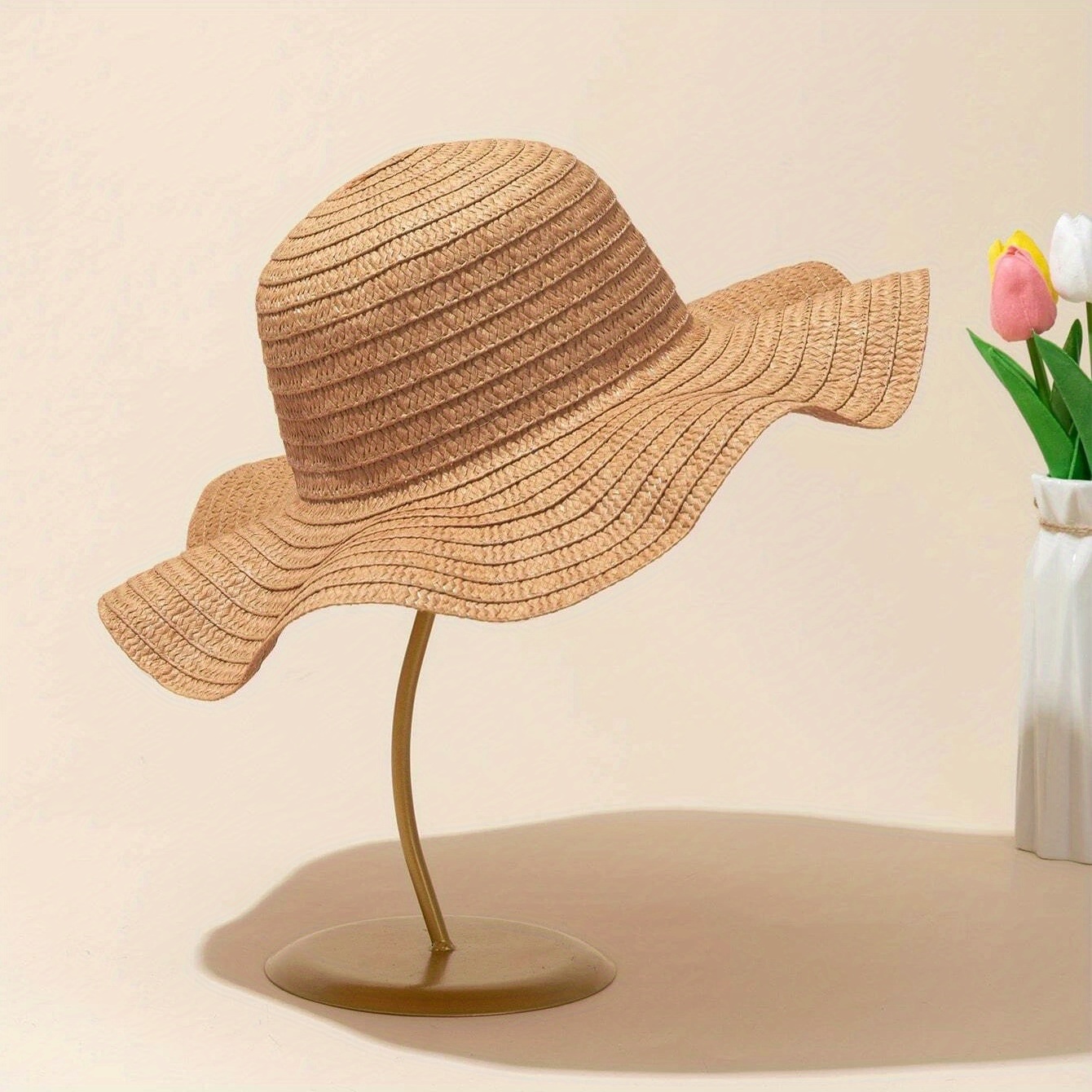 1 Unisex Simple Solid Color Wavy Straw Hat For Adults, Suitable For Seaside Vacation, Summer Gift, Daily Wear - Hat