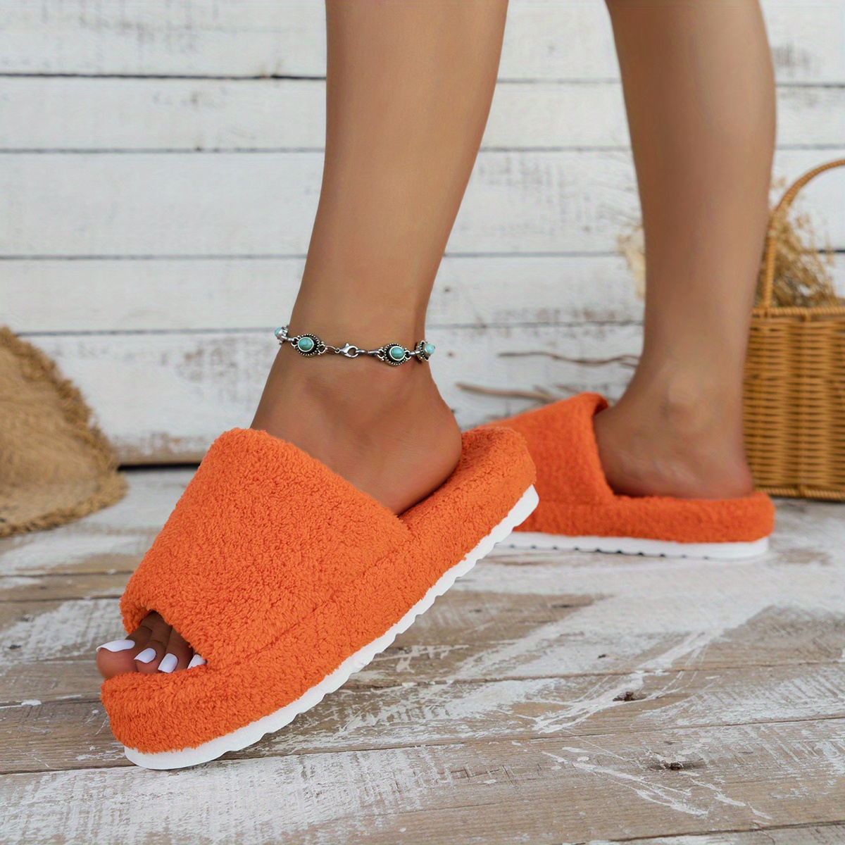 Orange fuzzy slides hot sale