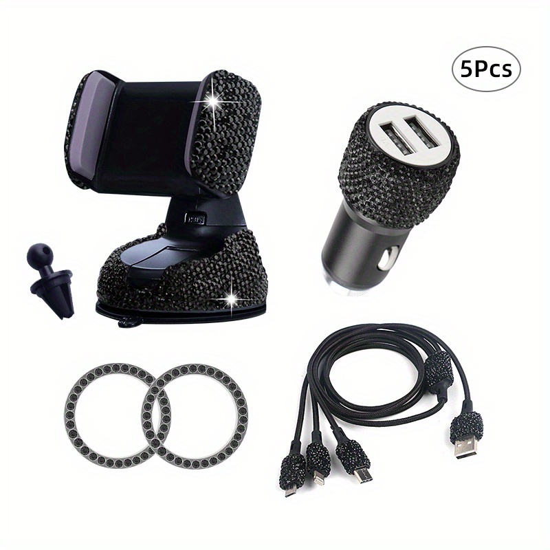 Set Di Accessori Per Auto Da Donna Da 5 Pezzi, Caricabatterie Per Auto Con  Diamante Artificiale Bling, Cavo Di Ricarica Multiuso 3 In 1, Supporto Per  Telefono Per Auto, 1 Paio Di