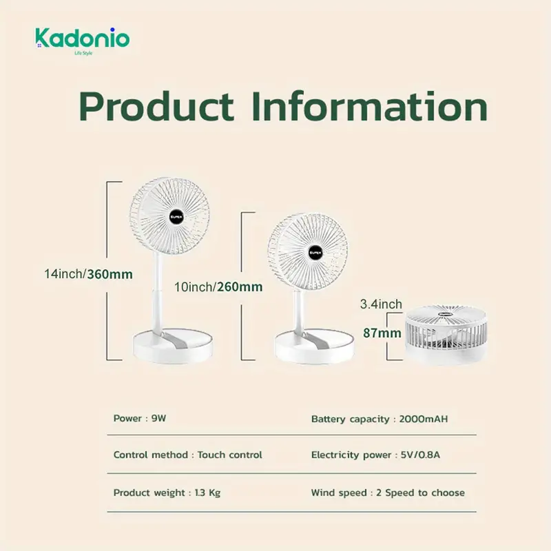 kadonio folding fan quiet 3 speed wind highly stretchable simulated natural wind 180 adjustment battery powered or usb powered home desk bedroom portable travel mini decorative fan 6 5 inch details 8