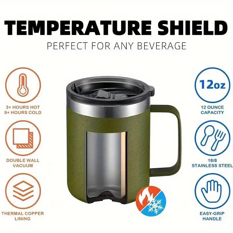 1pc Reusable 12oz Stainless Steel Thermal Coffee Cup with Lid and Handle -  Perfect for Travel and Daily Use, Keeps Drinks Hot or Cold for Hours