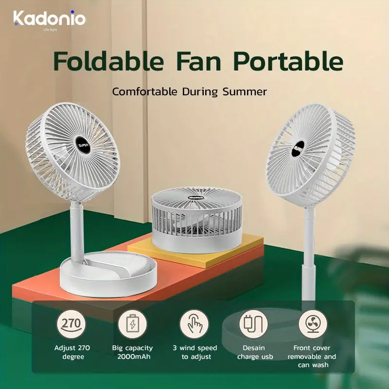 kadonio folding fan quiet 3 speed wind highly stretchable simulated natural wind 180 adjustment battery powered or usb powered home desk bedroom portable travel mini decorative fan 6 5 inch details 0