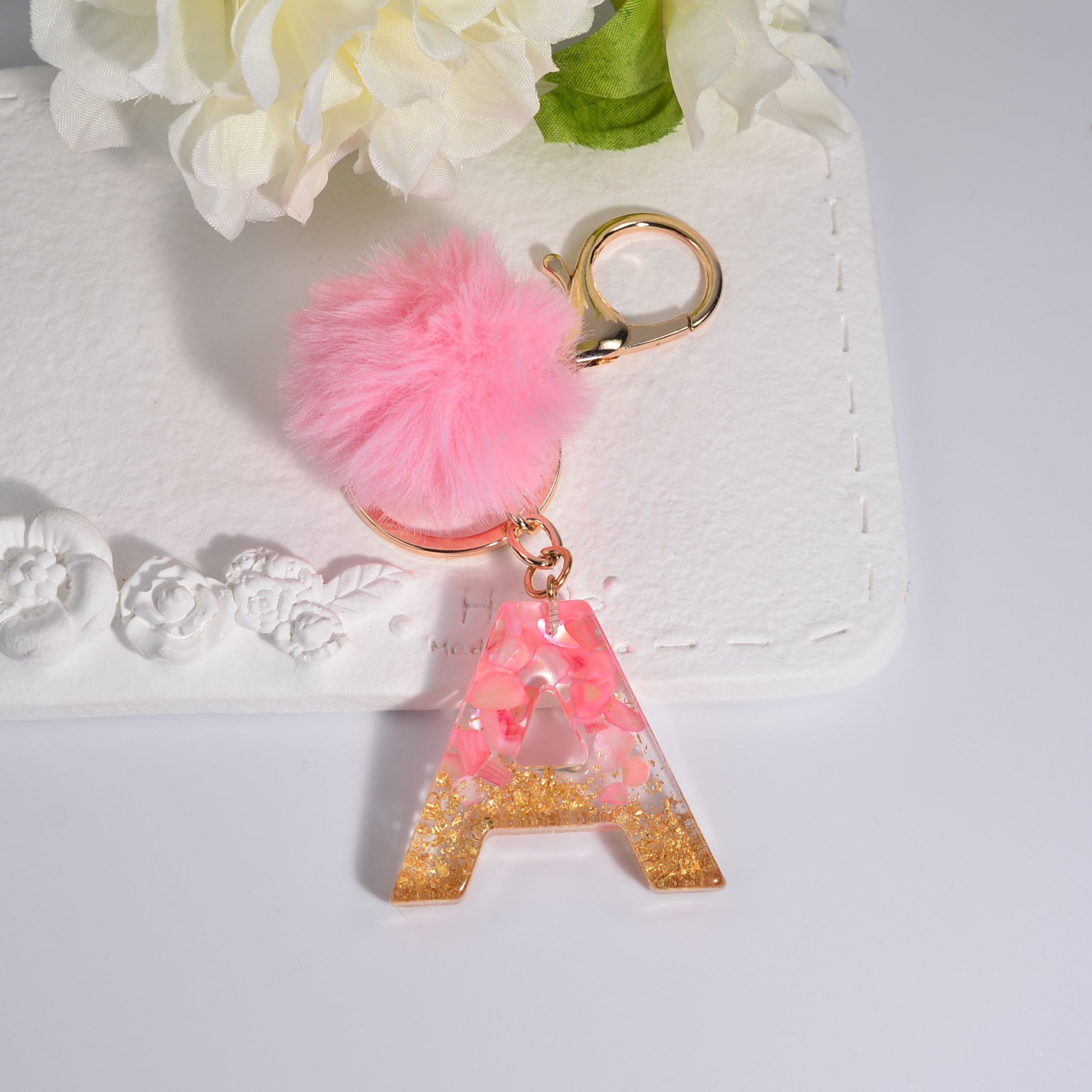 Gold Bling Initial Pom Pom Keychain - Pink, E