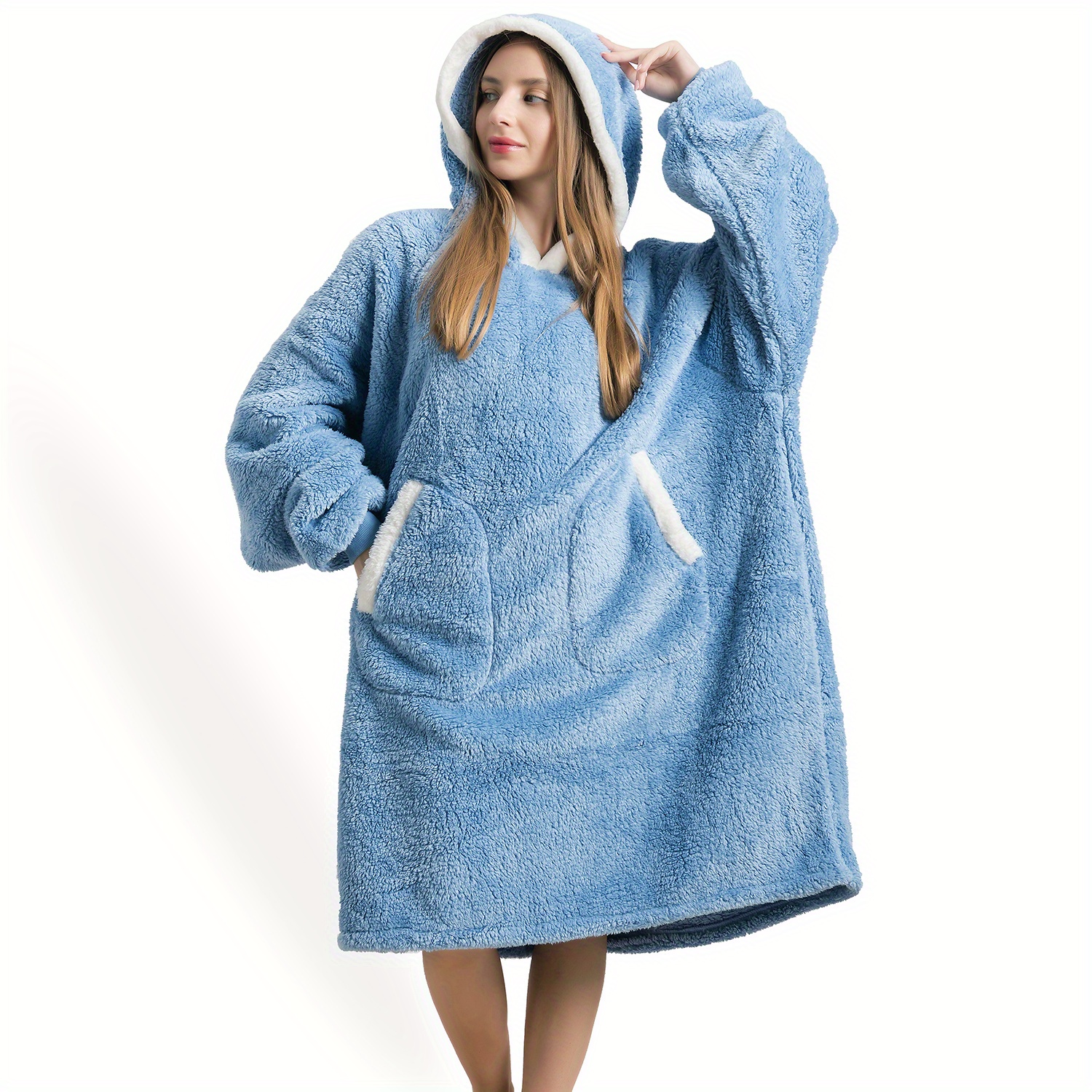 Comfortable Sherpa Hoodie Blankets, Oversized Blanket Sweatshirt, Cozy  Blanket with Sleeves and Large Front Pocket for Adults, Teens (blue) 