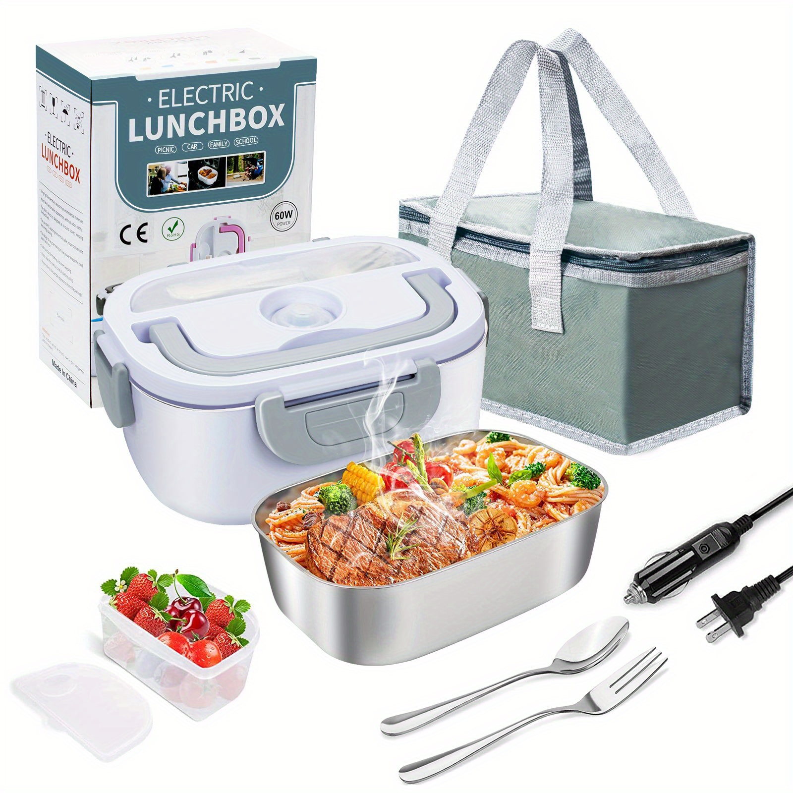 1.5L Removable Electric Lunch Box Food Heater, Portable Food Warmer Self Heating  Lunch Box –Leak Proof, Fork & Spoon & Carry Bag