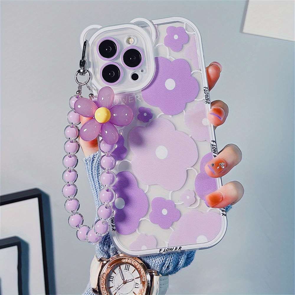 Luxury Transparent Bear Ear Egg Flower Phone Case For Iphone 11/12/13/14 Pro  Max - Cute & Clear Cover With Flower Chain Lanyard - Temu