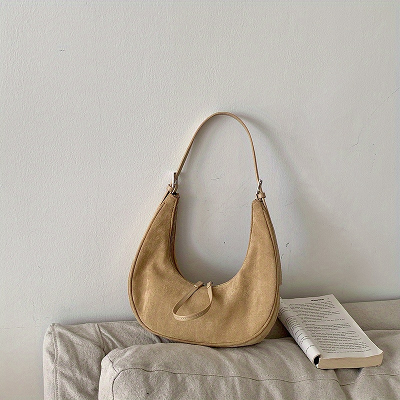 Solid Color Retro Crescent Bag, Casual Simple Felt Hobo Bag