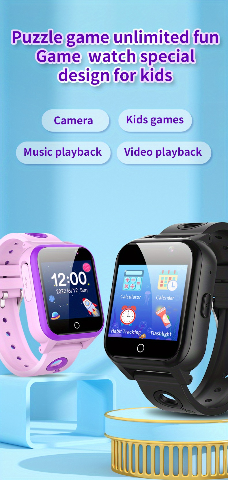  Reloj inteligente para niñas y niños de 6 a 12 años, 24 juegos,  cámara de video, música, alarma, regalo educativo de cumpleaños (azul) :  Juguetes y Juegos
