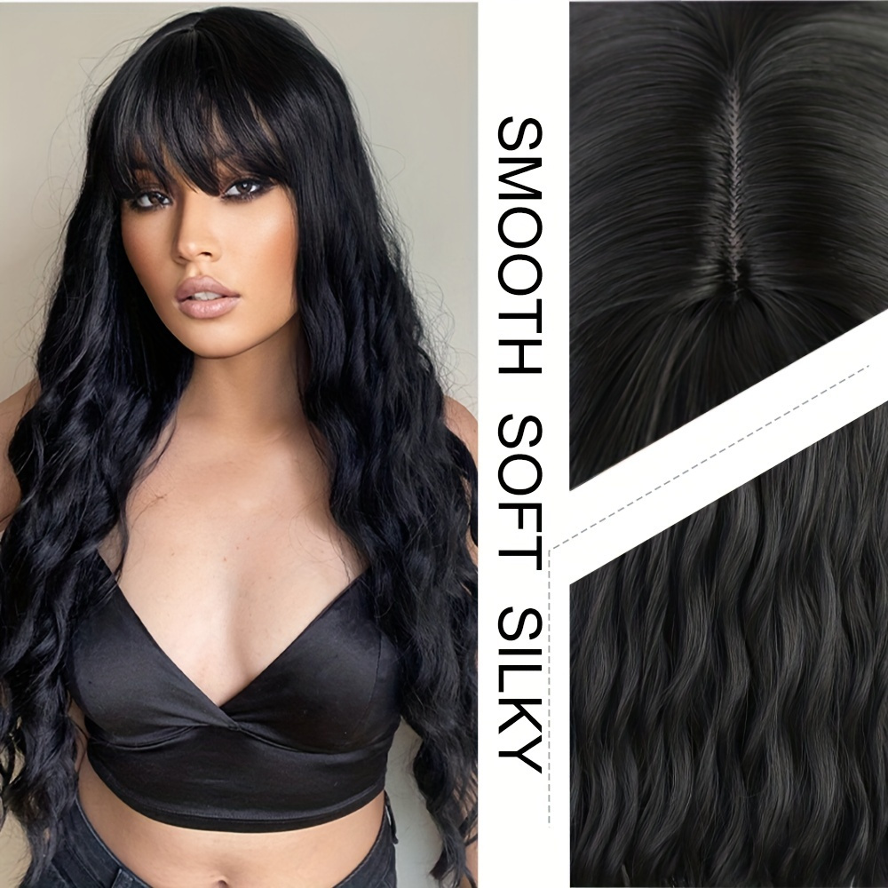 Long Black Wig Bangs Synthetic Wavy Bang Black Wigs Women Temu