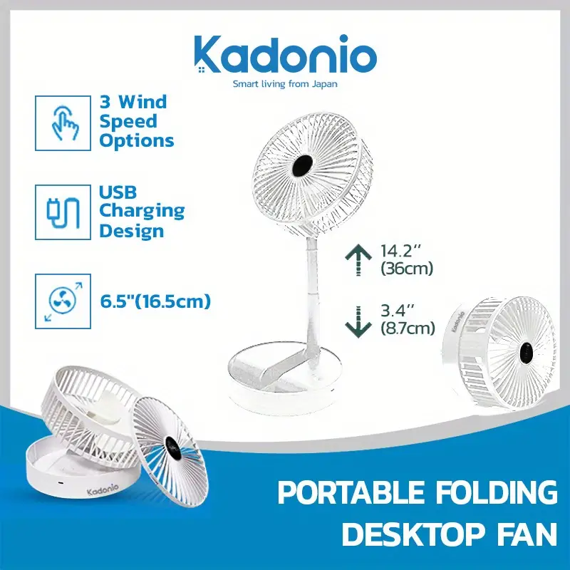 kadonio folding fan quiet 3 speed wind highly stretchable simulated natural wind 180 adjustment battery powered or usb powered home desk bedroom portable travel mini decorative fan 6 5 inch details 10