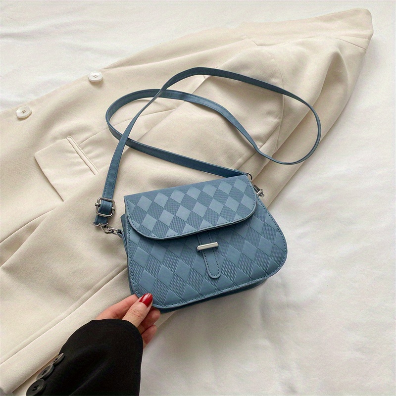Trendy Minimalist Bag, Argyle Pattern Flap Crossbody Bag, Solid