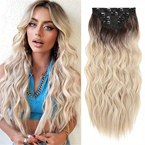 4pcs Hair Extensions, Human Hair Extensions, Dark Blonde with Light Blonde Ends, Clip in Hair Extensions Natural Soft Synthetic Hairpieces for