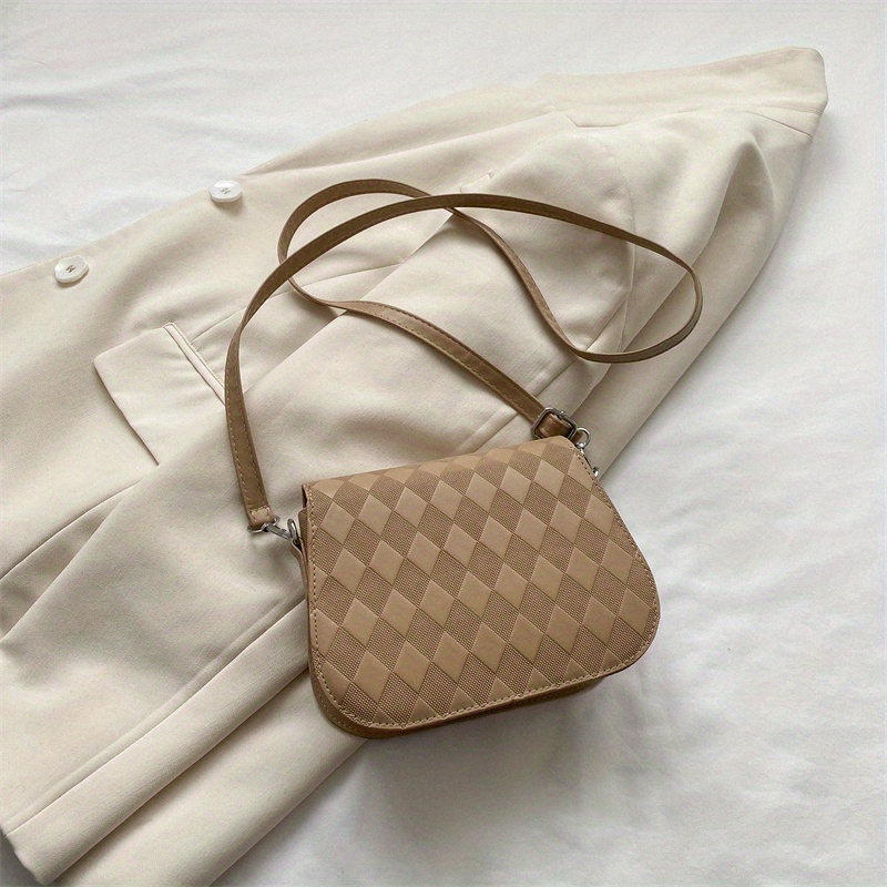 Trendy Minimalist Bag, Argyle Pattern Flap Crossbody Bag, Solid