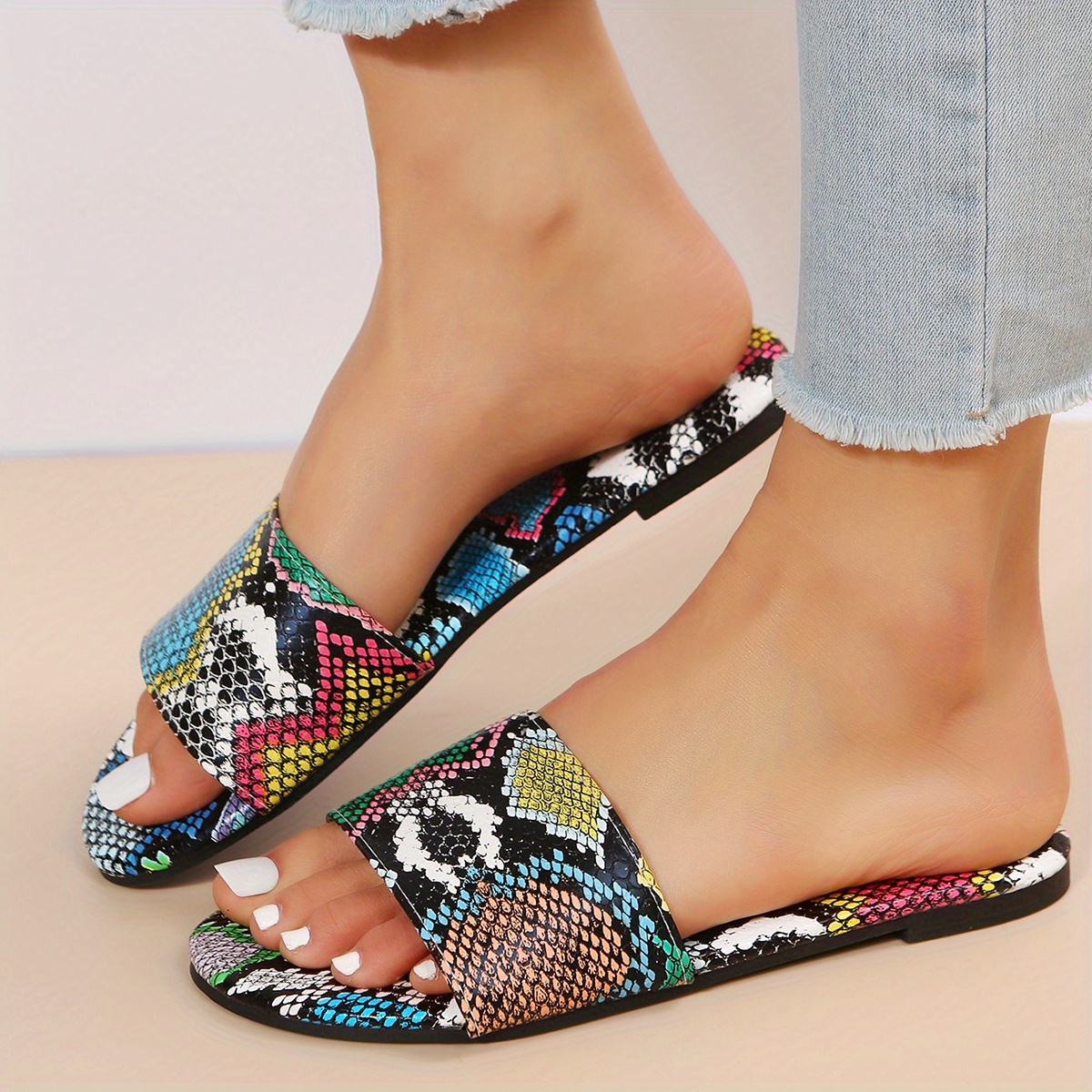 Women's Snakeskin Printed Flat Slides Stylish Open Toe Slip - Temu