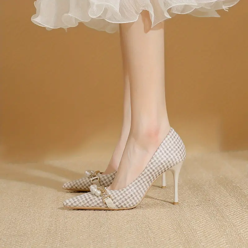 womens chain faux pearl decor heels elegant point toe stiletto heels womens houndstooth pumps details 4