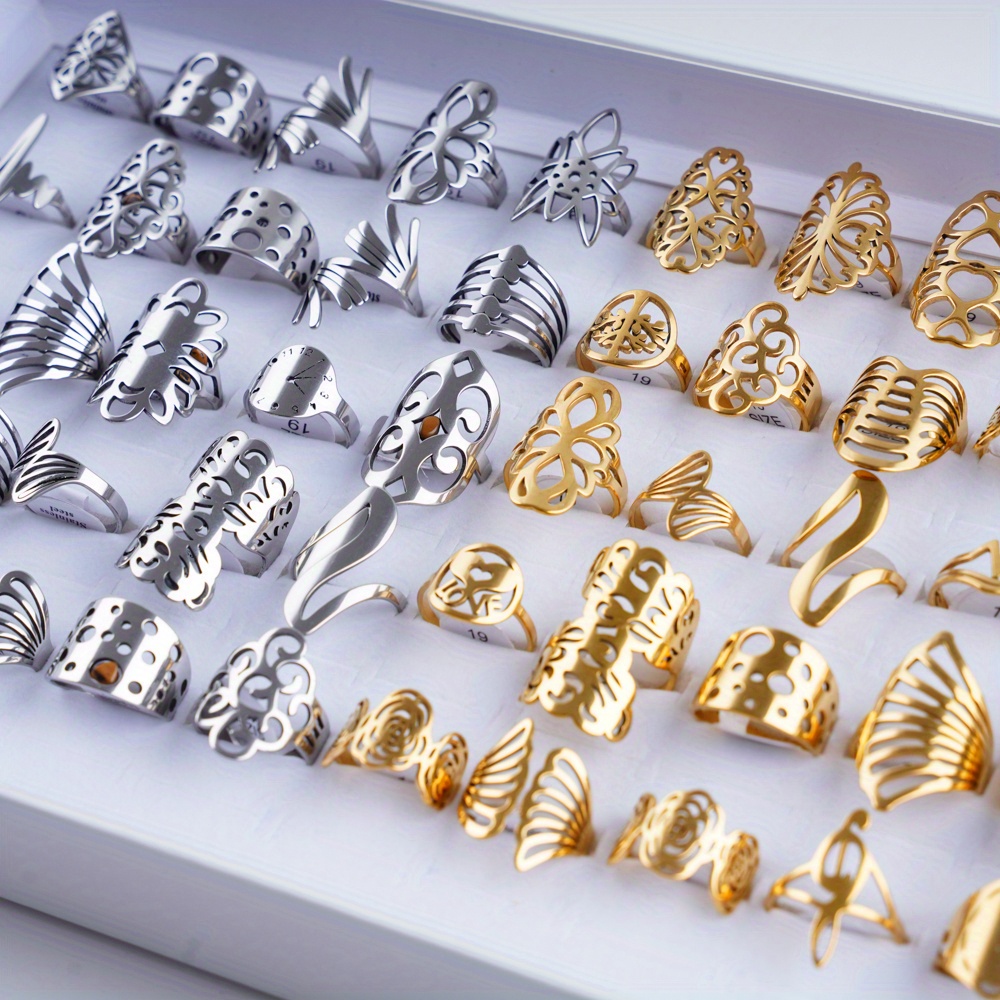 TEMU 20pcs/lot Fashion Hollow Geometric Stainless Steel Rings For Women Men Style Jewelry Gifts Party