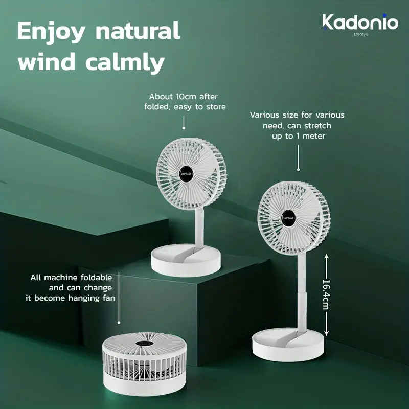 kadonio folding fan quiet 3 speed wind highly stretchable simulated natural wind 180 adjustment battery powered or usb powered home desk bedroom portable travel mini decorative fan 6 5 inch details 1