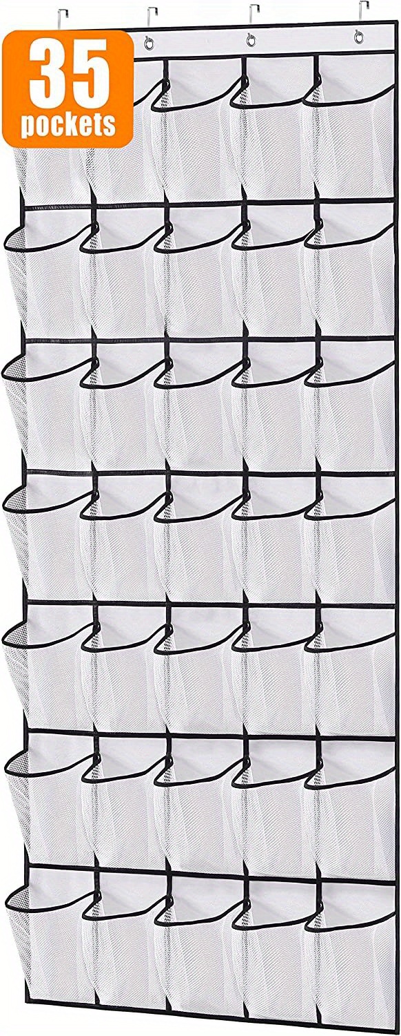 1pc White Over-the-Door Shoe Organizer with 4 Stainless Steel Hooks and 35  Large Mesh Pockets, plastic storage bag, Keep Your Shoes Neatly Stored and