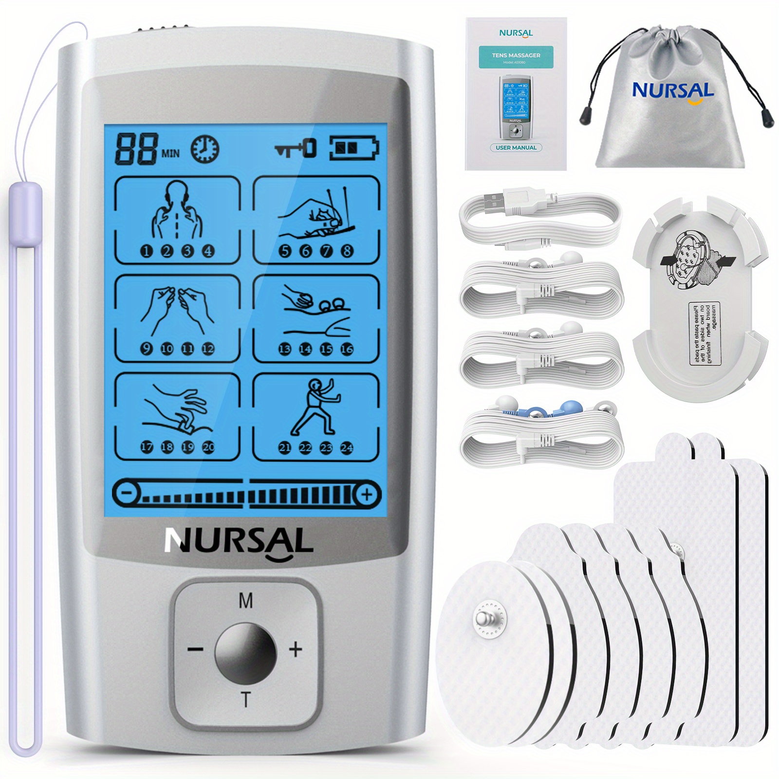 Nursal 24 Modes Tens Unit Muscle Stimulator With Continuous Stimulation  Rechargeable Electronic Pulse Massager With 8 Pads For Back And Shoulder  Pain Relief And Muscle Strength, 90 Days Buyer Protection