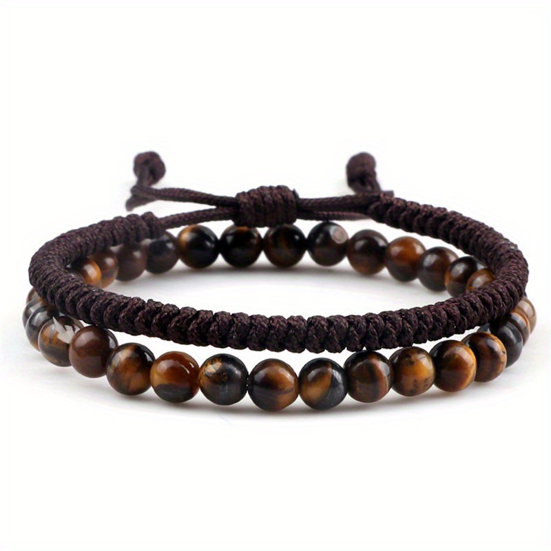 2 Elastic Braided Bracelets With Tiger Eye, Stone For Men