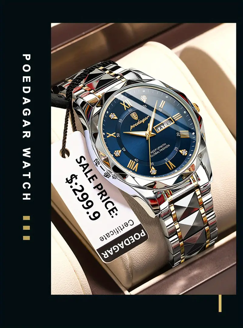 poedagar new swiss mens stainless steel quartz wristwatch students korean version of youth fashion waterproof luminous calendar mens watch details 4