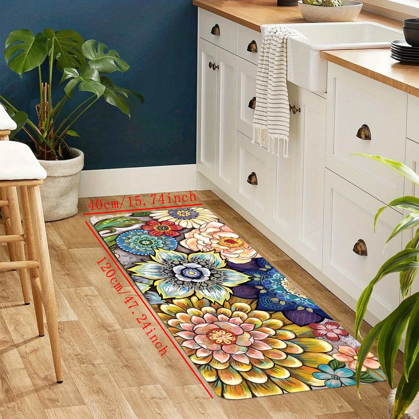 JISMUCI Kitchen Rug Set Green Spring Floral Blue Yellow and Navy Chrysanthemum Flowers Comfort Chef Mat Cushioned Floor Mats Washable Doormat Anti Fatigue