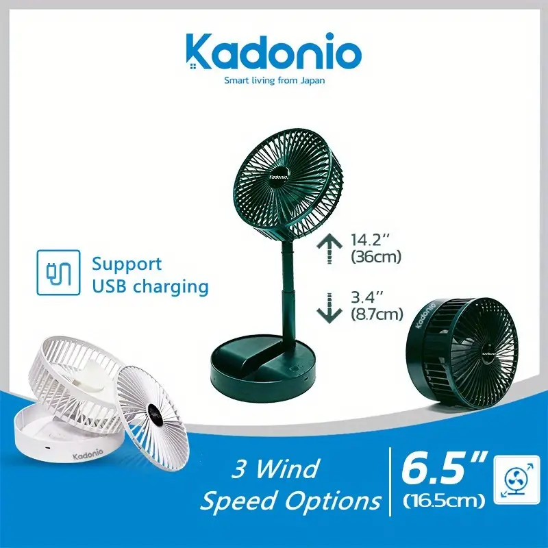 kadonio folding fan quiet 3 speed wind highly stretchable simulated natural wind 180 adjustment battery powered or usb powered home desk bedroom portable travel mini decorative fan 6 5 inch details 9