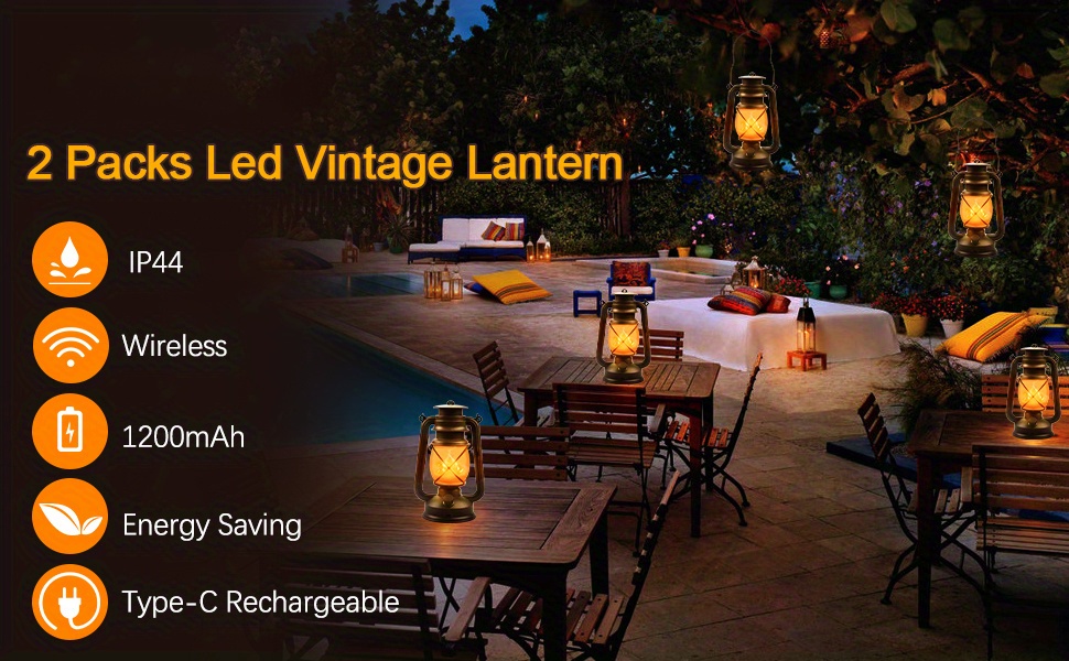 Vintage Lantern LED Battery Powered Camping Lamp Outdoor Hanging Lantern  Flickering Flame Rechargeable Retro Lanterns Remote Control 4 Modes Light