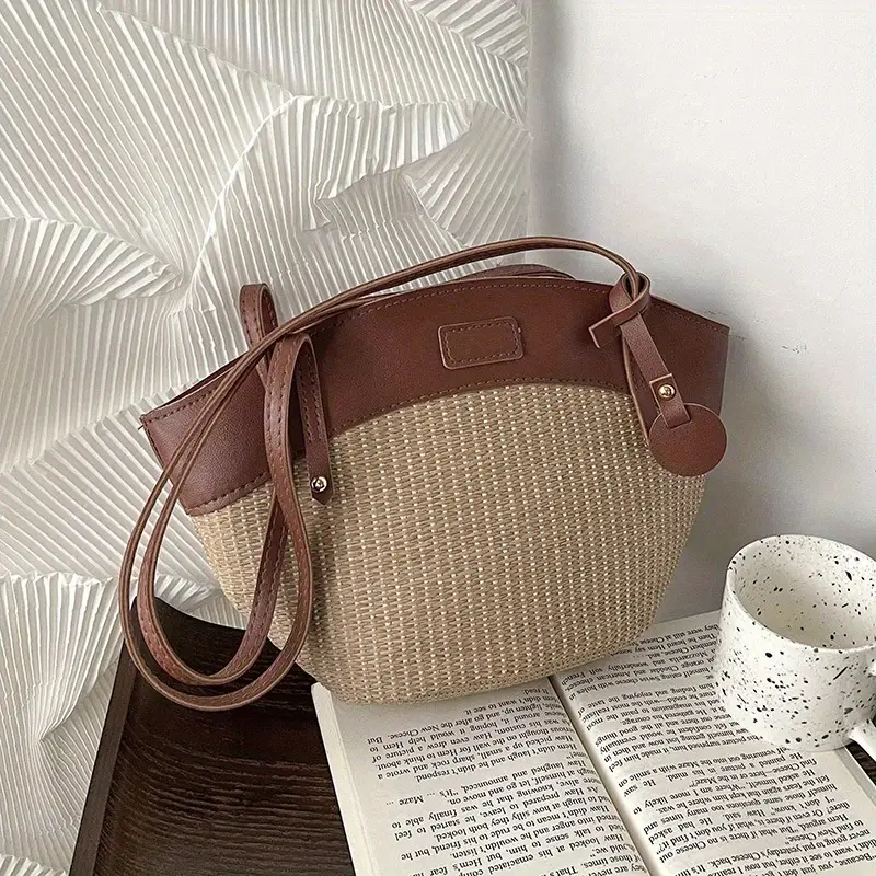Simple Linen Woven Crossbody Bag Fashion Small Straw Woven Bag Shoulder Bag,Temu