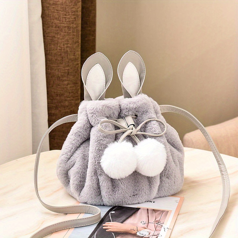 Plush Bunny Bucket Ear Bag, Cute Drawstring Crossbody Bag, Small