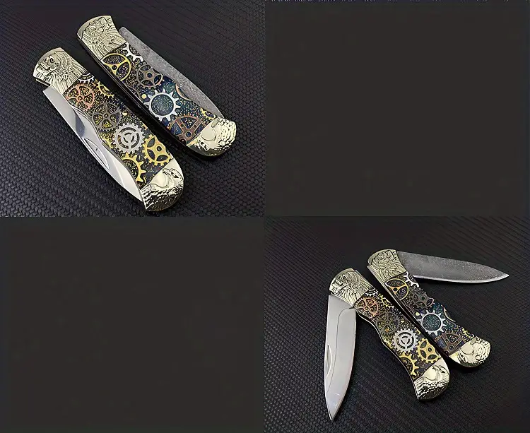 1pc damascus gear pattern folding survival knife portable stainless steel folding pocket knife multifunctional edc knife for outdoor camping hiking emergency details 3