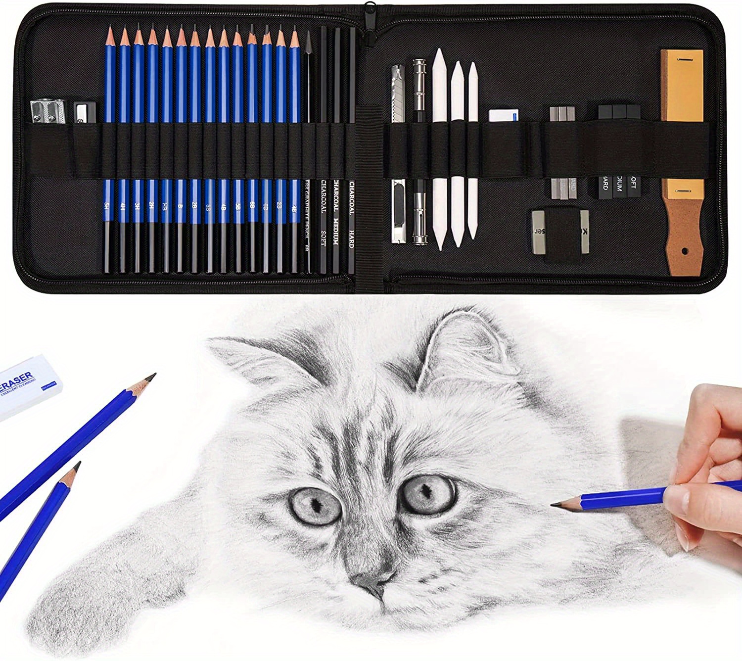 34 Pieces Pro Drawing Kit Sketching Pencils Set,Pro Art Sketch Supplies  With 1 Sketchbook, Portable Zippered Travel Case-Charcoal Pencils, Sketch  Penc