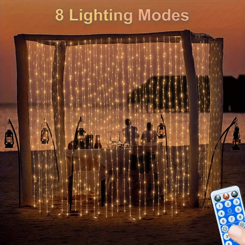 1pc 300 leds solar curtain light rubber insulated wire outdoor remote control light 8 lighting modes fairy lights ip68 waterproof copper wire lights christmas party wedding home bedroom garden wall decor details 8