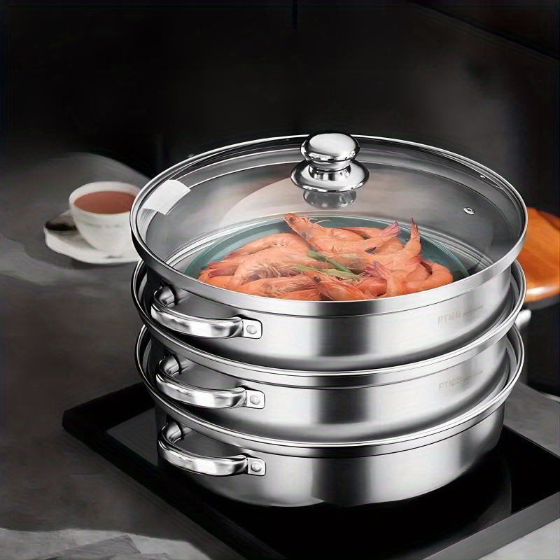 11 3 Tier Large Steaming Cooker Steamer Stainless Steel Food Veg Pot Sets  W/Glass Lid - AliExpress