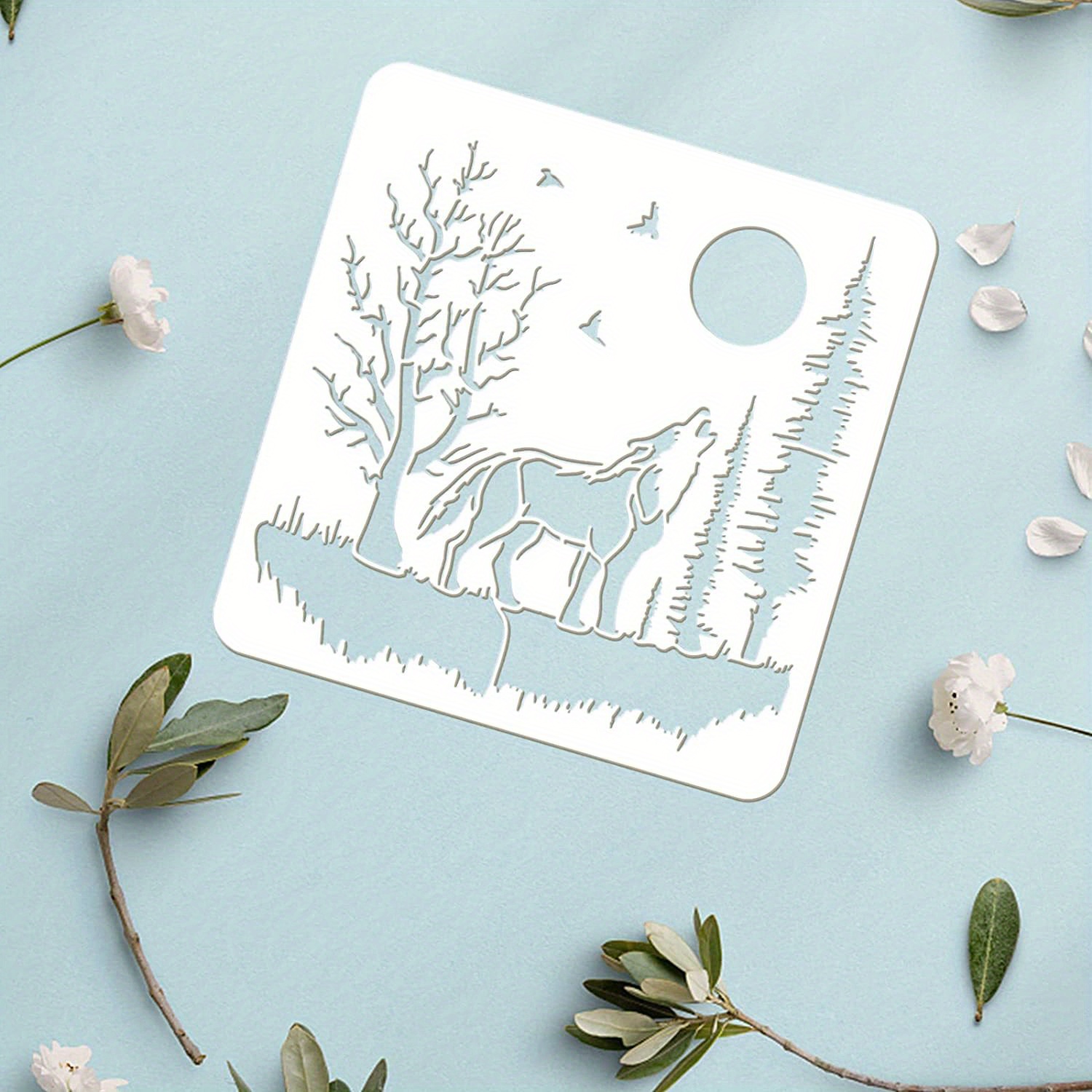 TEMU 1pc Wolf Stencil For Painting 11.8x11.8 Inch Plastic Craft Stencils Moon Birds Large Stencil Forest Wolf Stencils Template For Painting On Wood,