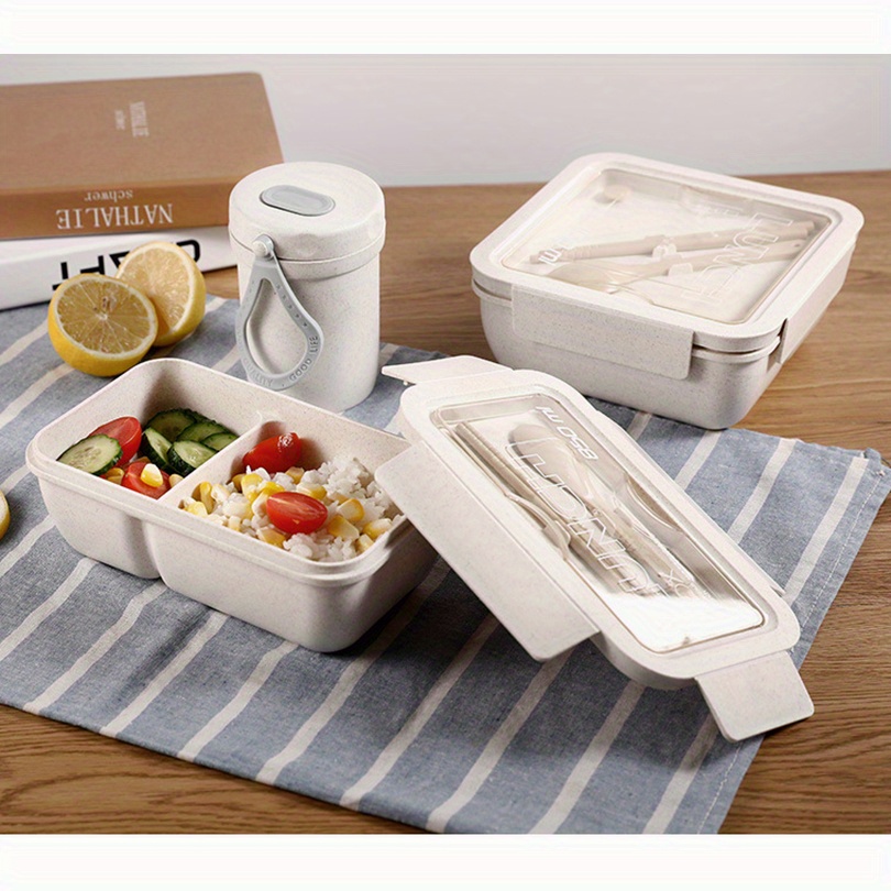 1 set insulated lunch box with tableware for office workers square divided wheat straw microwave oven bento box with   leakproof food container home kitchen supplies for teenagers and workers for back school classroom details 1