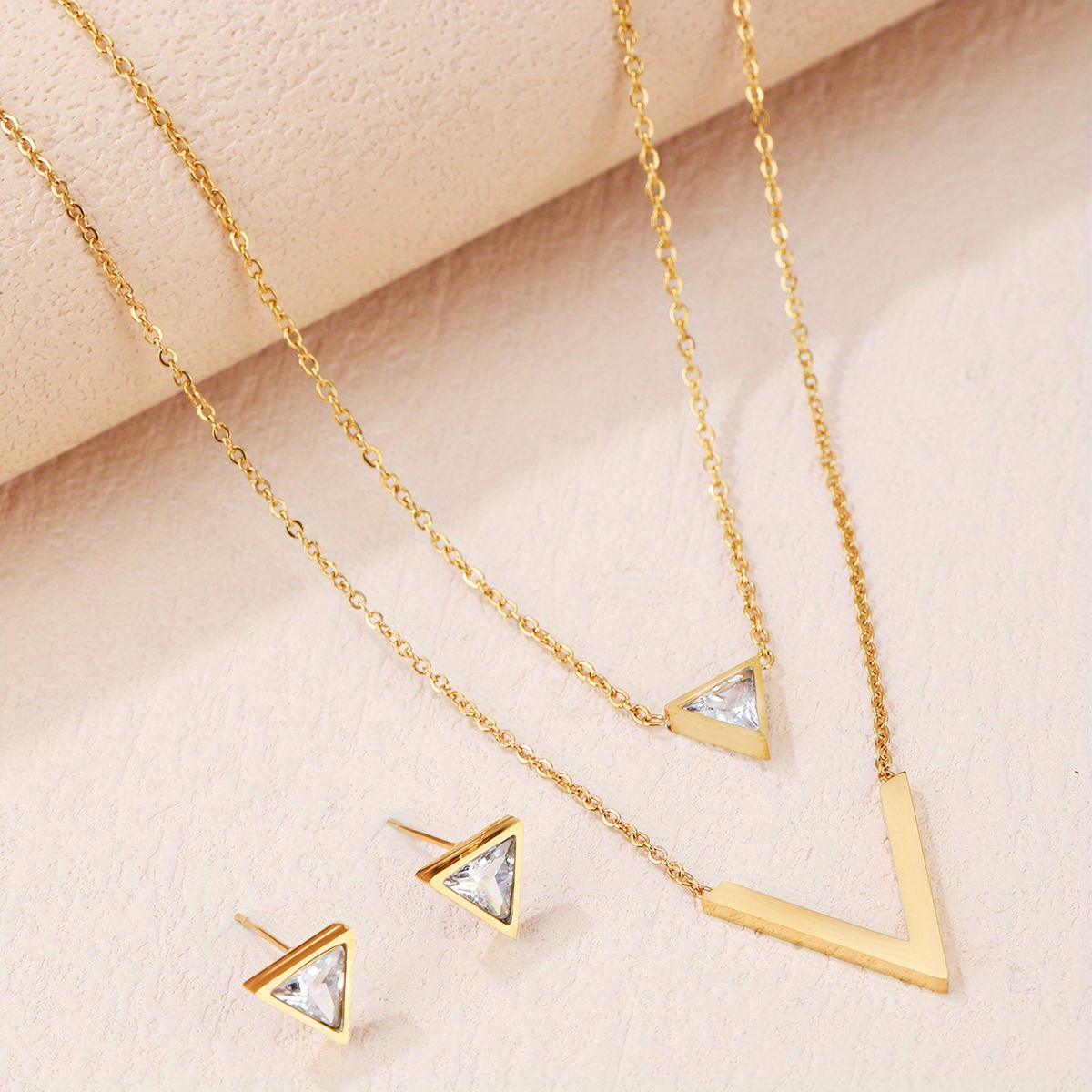Image of Hot Selling Temperament Teenager's Jewelry Set 3pcs Set Triangle V-shaped 304 304 304 Stainless Steel Golden Double Layer Necklace Pendant Earrings Valentine's Day Gift, For Teenager, For Teenager