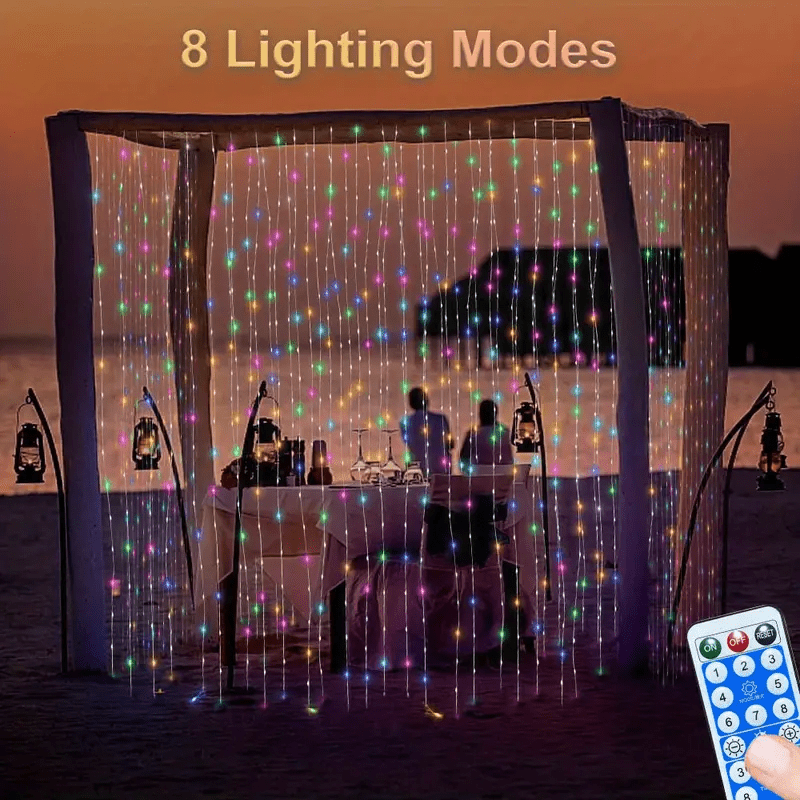 1pc 300 leds solar curtain light rubber insulated wire outdoor remote control light 8 lighting modes fairy lights ip68 waterproof copper wire lights christmas party wedding home bedroom garden wall decor details 9