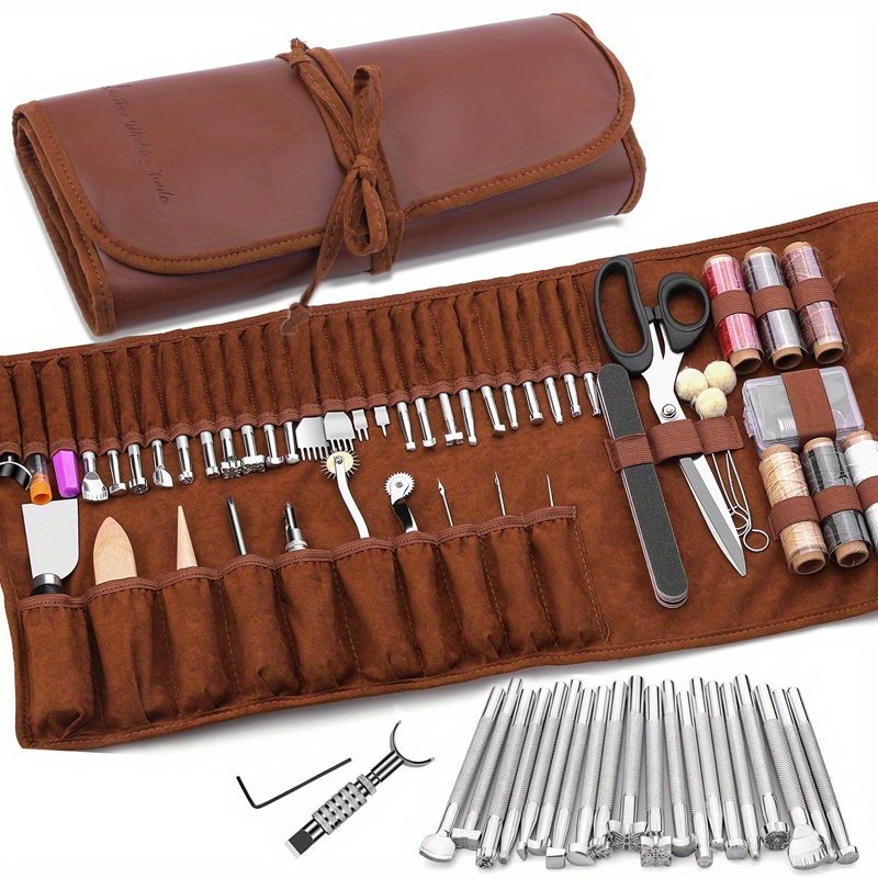 Leather Working Tools Leather Craft Kits Leather Sewing Tools with Storage Bag Cutting Mat Stamping Tool Prong Punch Waxed Thread Stitching Groover