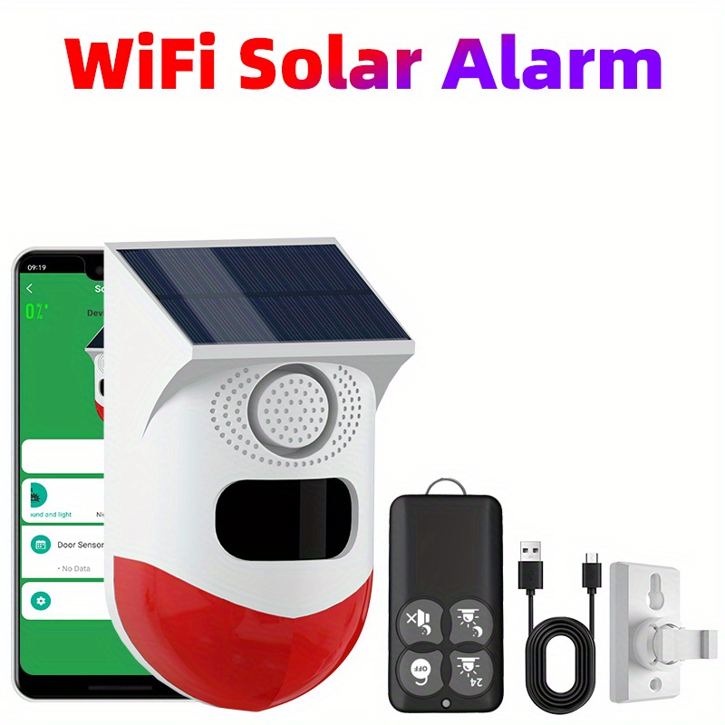 Luz de alarma estroboscópica solar con sensor de movimiento, sirena de  alarma para exteriores con control remoto de 120 db, luz de sirena de  seguridad