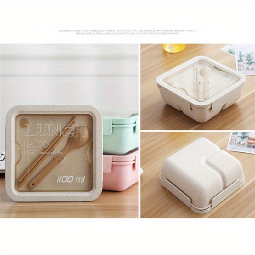 1 set insulated lunch box with tableware for office workers square divided wheat straw microwave oven bento box with   leakproof food container home kitchen supplies for teenagers and workers for back school classroom details 7