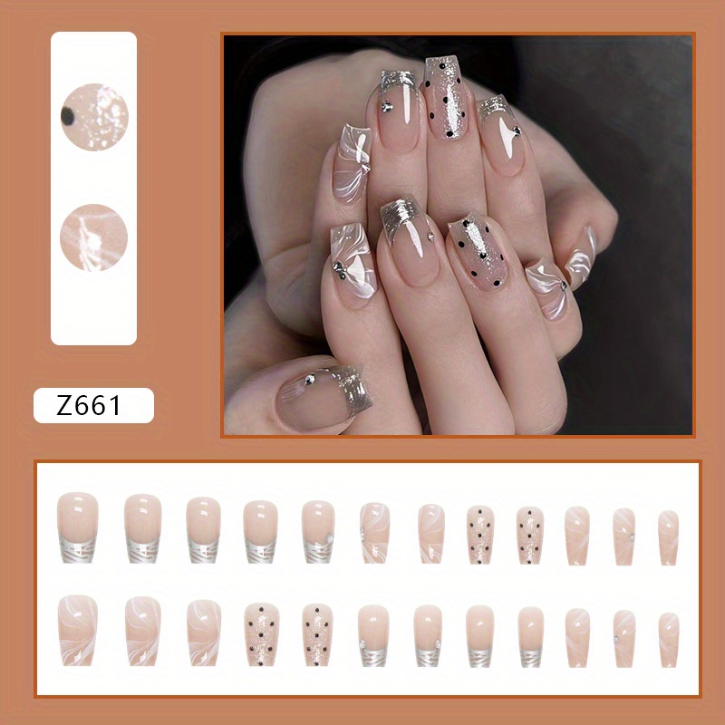 E-shop 24 Stück Mittelgroße Nude-Falschnägel, Strass-Press-On-Nägel Mit Silbernem Glitzer Und Polka-Dot-Design, Glänzende Vollabdeckung Square Ballet