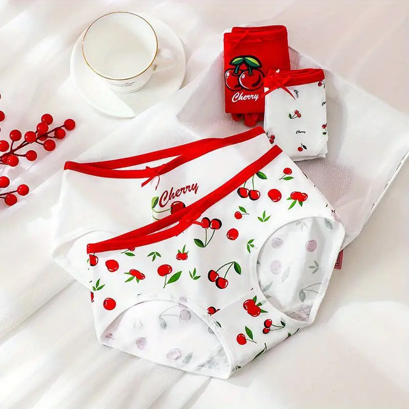 Cherry Print Bow Tie Briefs Cute Comfy Stretchy Intimates - Temu